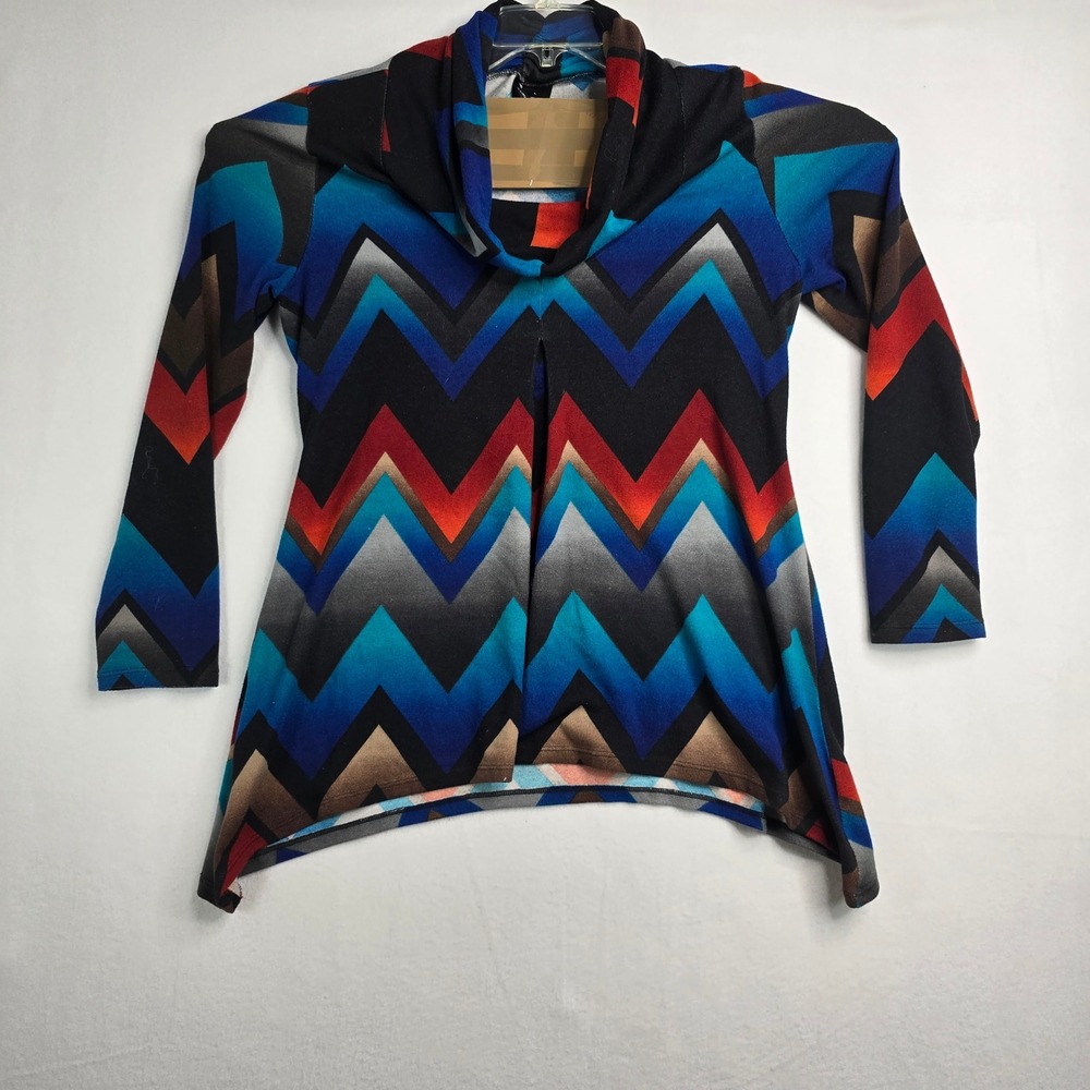 New Directions Womens L Colorful Chevron Cowl Neck Long Sleeve Top Tunic spandex